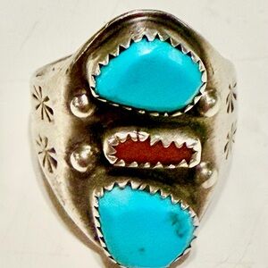 Turquoise and Coral Silver Ring